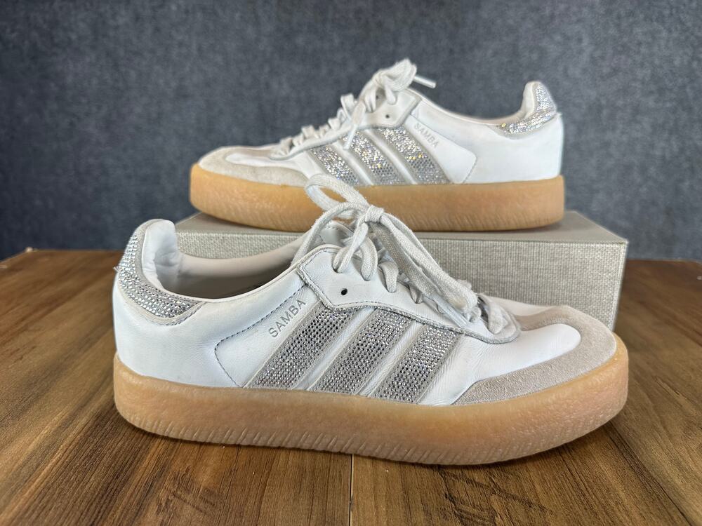 Adidas Sambae Rhinestone IH4046 Womens 8 White Silver Gum Platform Sneakers